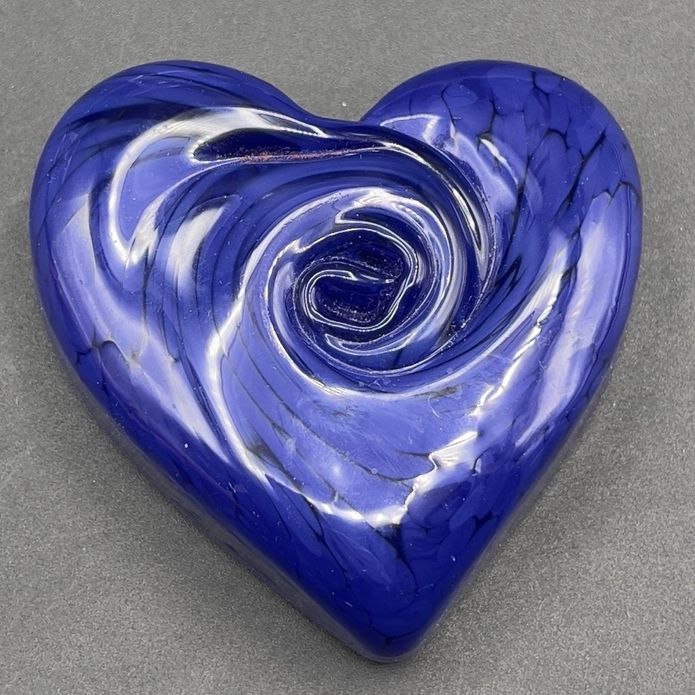 Art Glass Hand Blown Heart Cobalt Blue Swirl Marbled Paperweight